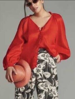 Anthropologie Maeve 100% Linen Audie Puff Sleeve Blouse Red Size XS Boho Coastal